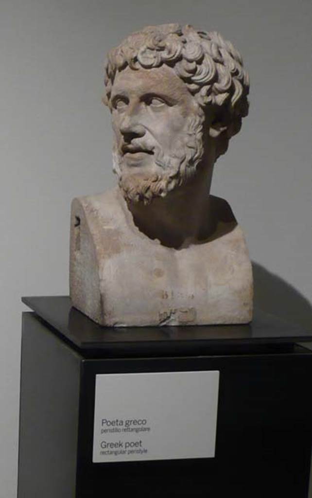 Villa dei Papiri, Herculaneum. Marble herm of Greek poet, possibly Bion of Borysthenes.
Found in 1757, north side of the pond.
Now in Naples Archaeological Museum. Inventory number 6153.